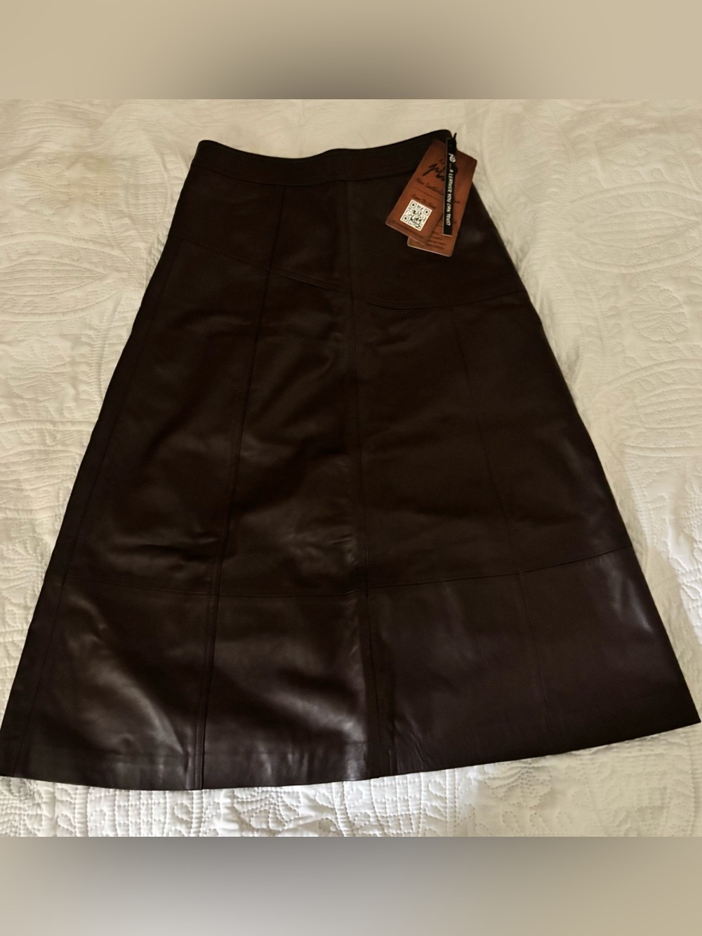 MWT Women's Dark Brown A-Line Leather Skirt Midi Lined